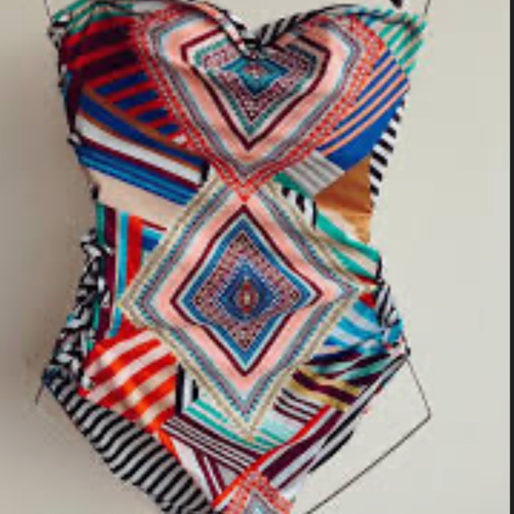 Red Carter Multicolor Geometric One-Piece Swimsuit — Pink, Blue, Teal, Mustard - Picture 10 of 14